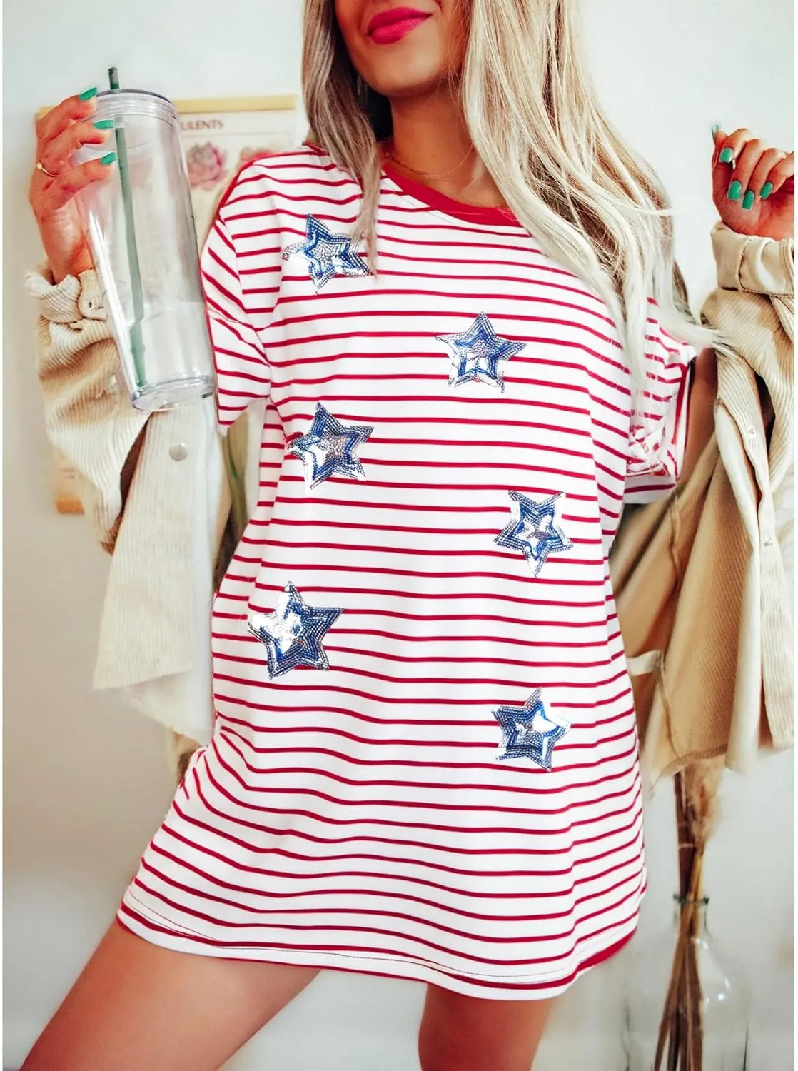 American Flag Stripe Shirt for Women 4th of July T Shirts USA Flag Tees Patriotic Sequin Stars Oversized Casual Tee Tops