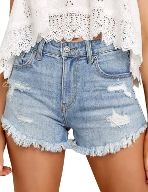 Angerella Denim Shorts for Women Mid Rise Ripped Jean Shorts Stretchy Folded Hem Hot Short Jeans