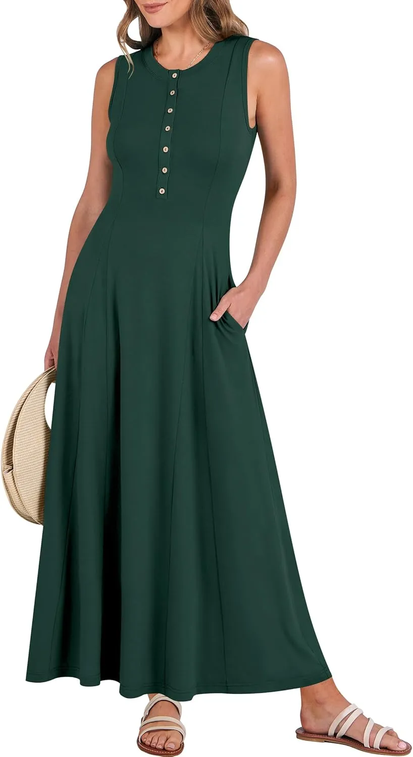 ANRABESS Women Summer Casual Sleeveless Maxi Sundress Button Fit & Flare A-Line Flowy Long Dresses 2025 Beach Outfits