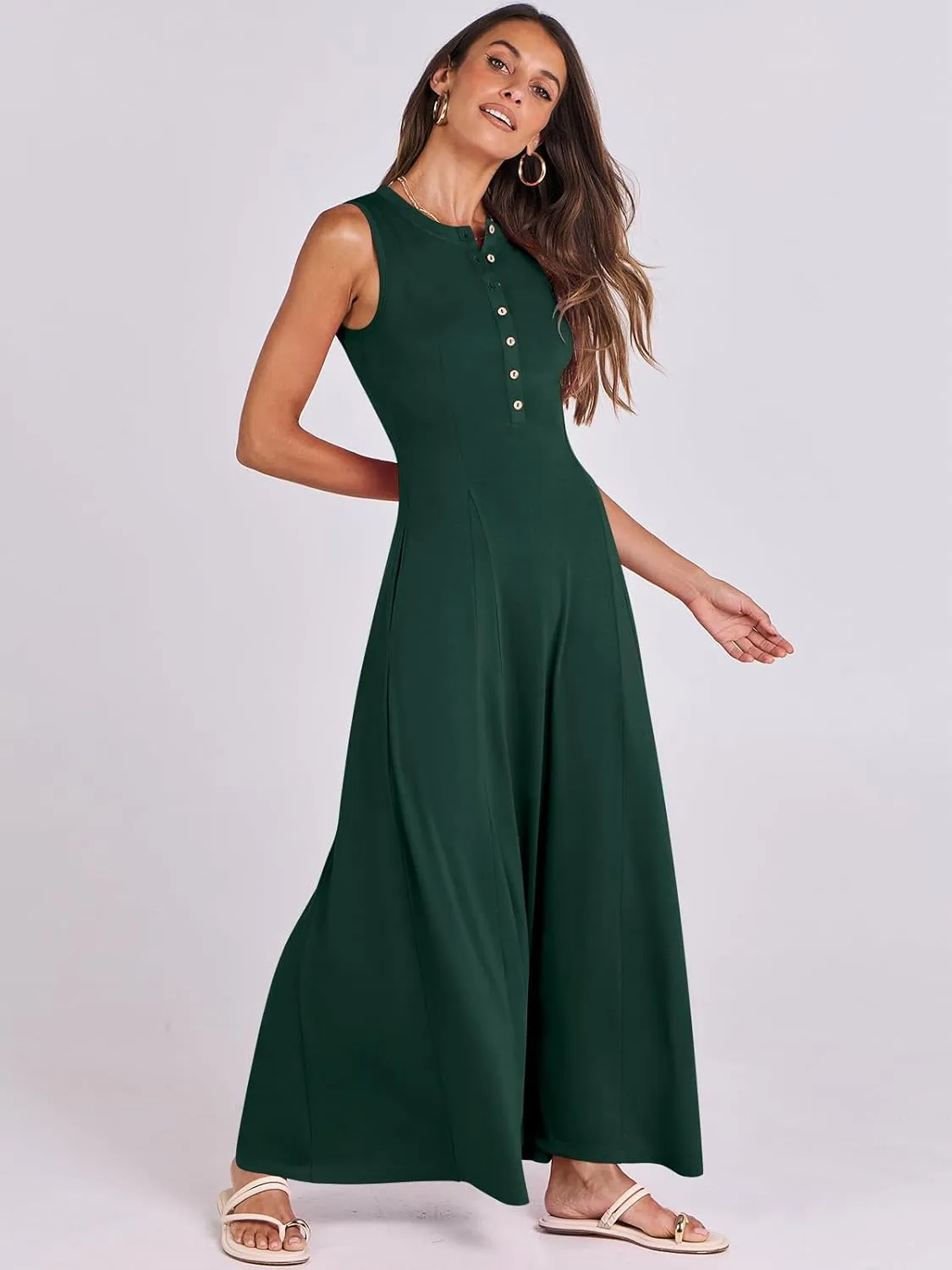 ANRABESS Women Summer Casual Sleeveless Maxi Sundress Button Fit & Flare A-Line Flowy Long Dresses 2025 Beach Outfits