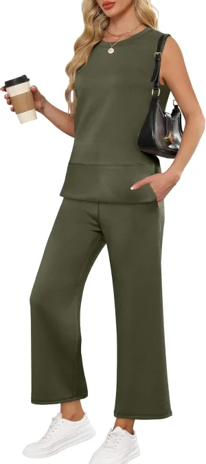 ANRABESS Women's 2 Piece Sets Summer Travel Airplane Outfits Sleeveless Wide Leg Casual Lounge Matching Sweat Set Sweatsuits