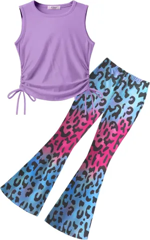 Arshiner Toddler Girl Clothes 2 Piece Outfits Side Adjustable Drawstrings Tank Tops and Flare Leggings Pant Set