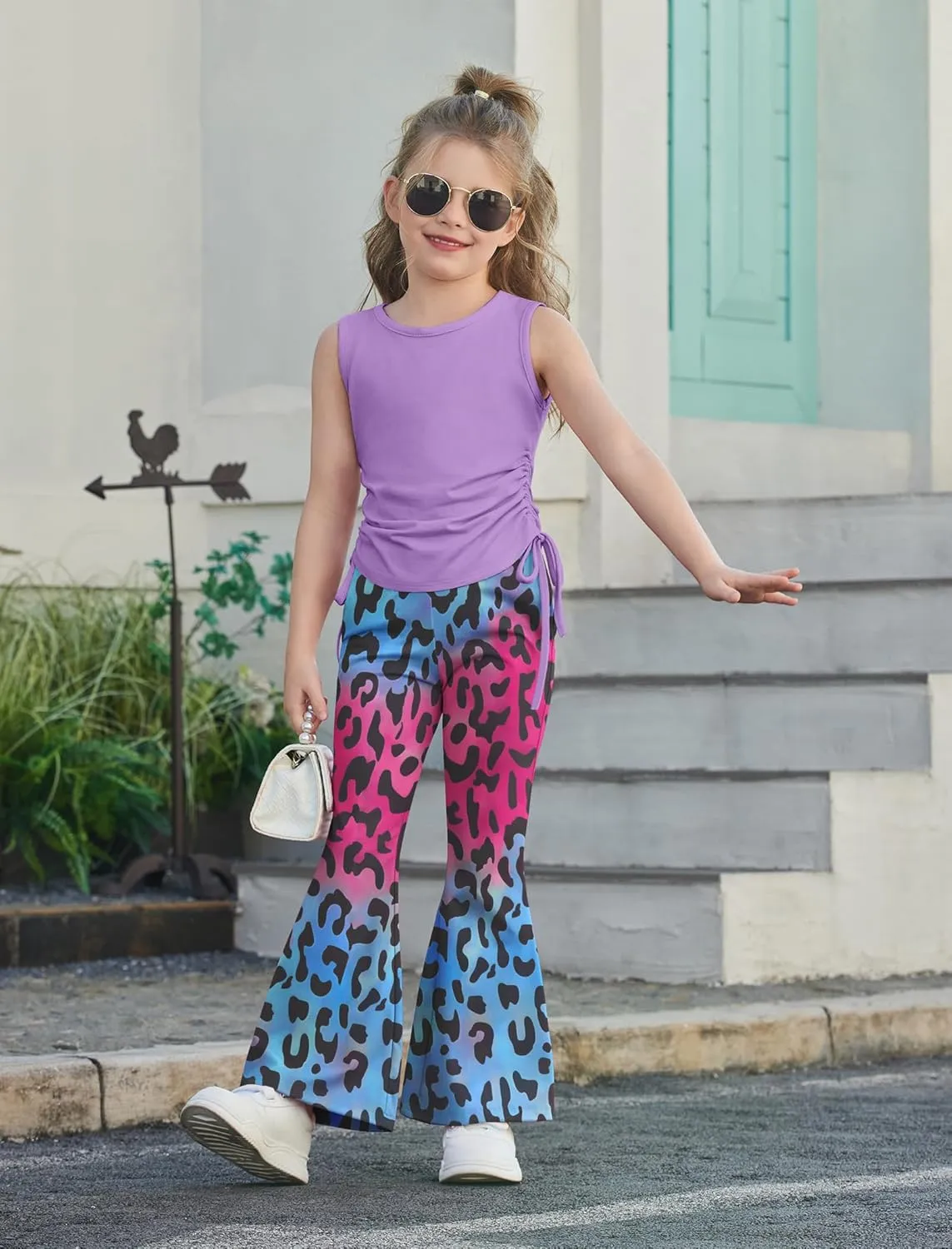 Arshiner Toddler Girl Clothes 2 Piece Outfits Side Adjustable Drawstrings Tank Tops and Flare Leggings Pant Set