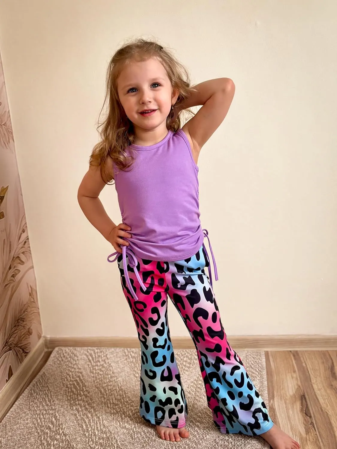 Arshiner Toddler Girl Clothes 2 Piece Outfits Side Adjustable Drawstrings Tank Tops and Flare Leggings Pant Set