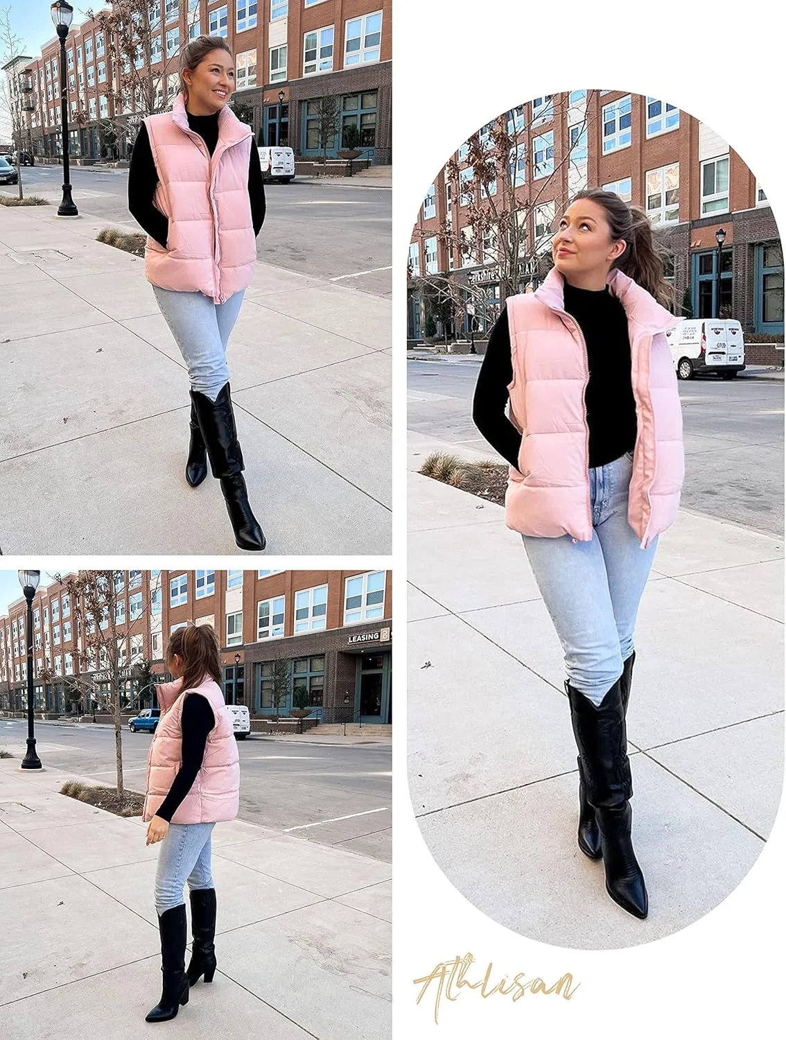 Athlisan Womens Zip Up Puffer Vest Stand Collar Sleeveless Padded Jacket Coat