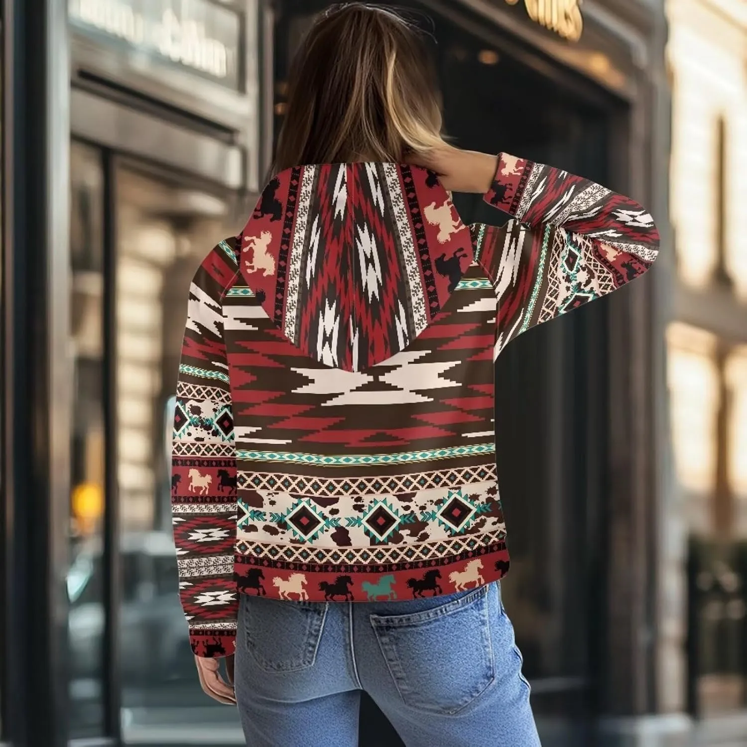 Aztec Cowboy Hoodie Vintage Graphic Western Hoodies for Women Casual Long Sleeve Half Zip Pullover with Pocket