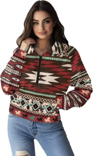 Aztec Cowboy Hoodie Vintage Graphic Western Hoodies for Women Casual Long Sleeve Half Zip Pullover with Pocket