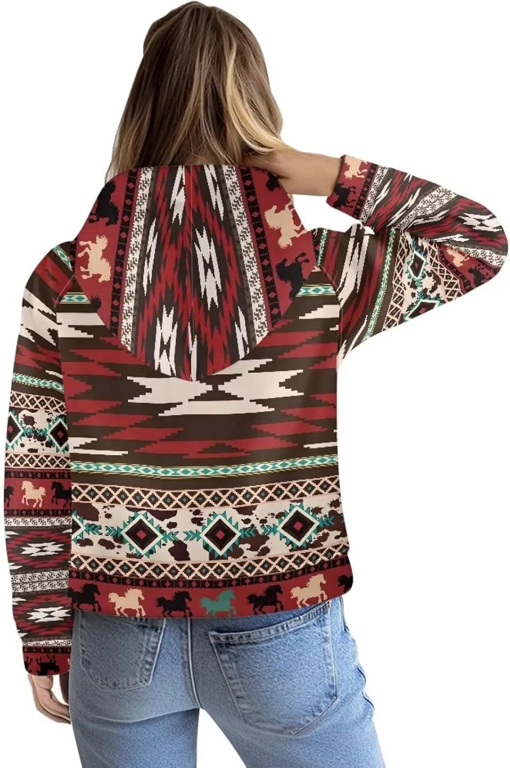Aztec Cowboy Hoodie Vintage Graphic Western Hoodies for Women Casual Long Sleeve Half Zip Pullover with Pocket