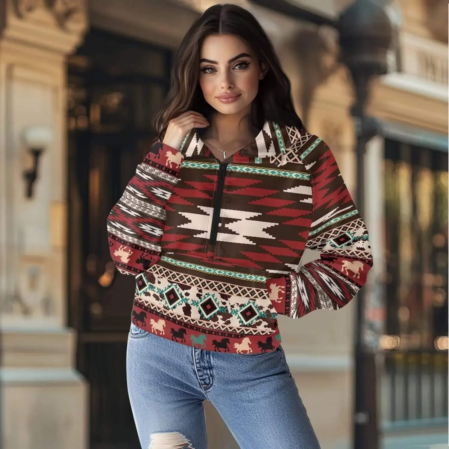 Aztec Cowboy Hoodie Vintage Graphic Western Hoodies for Women Casual Long Sleeve Half Zip Pullover with Pocket