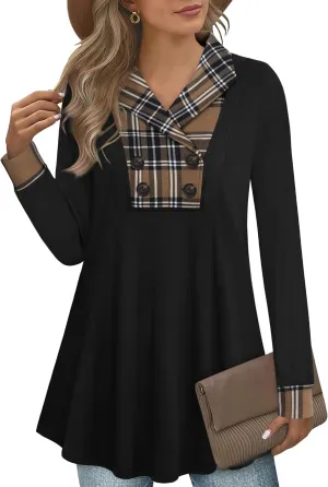 Bebonnie Womens Long Sleeve Casual V Neck Sweatshirts Pullover Tunic Tops with Buttons