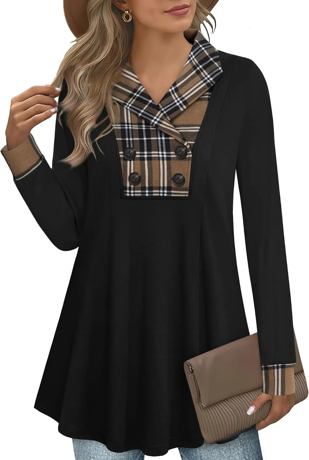 Bebonnie Womens Long Sleeve Casual V Neck Sweatshirts Pullover Tunic Tops with Buttons