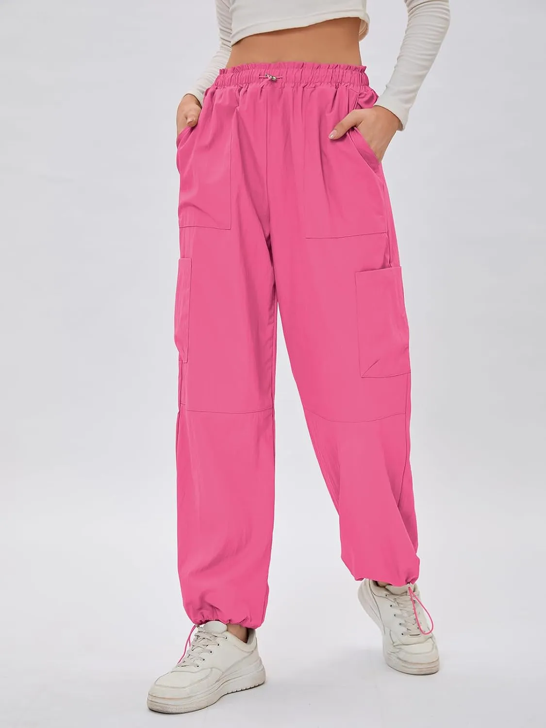 Bloggerlove Womens Cargo Pants Wide Leg Jogger Y2K Parachute Drawstring Waist Casual Baggy Pant with Pockets Trendy
