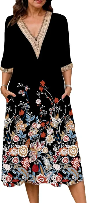 Boho Floral Print Midi Dress for Women Lace V Neck Short Sleeve Summer Casual A Line Dresses with Pockets
