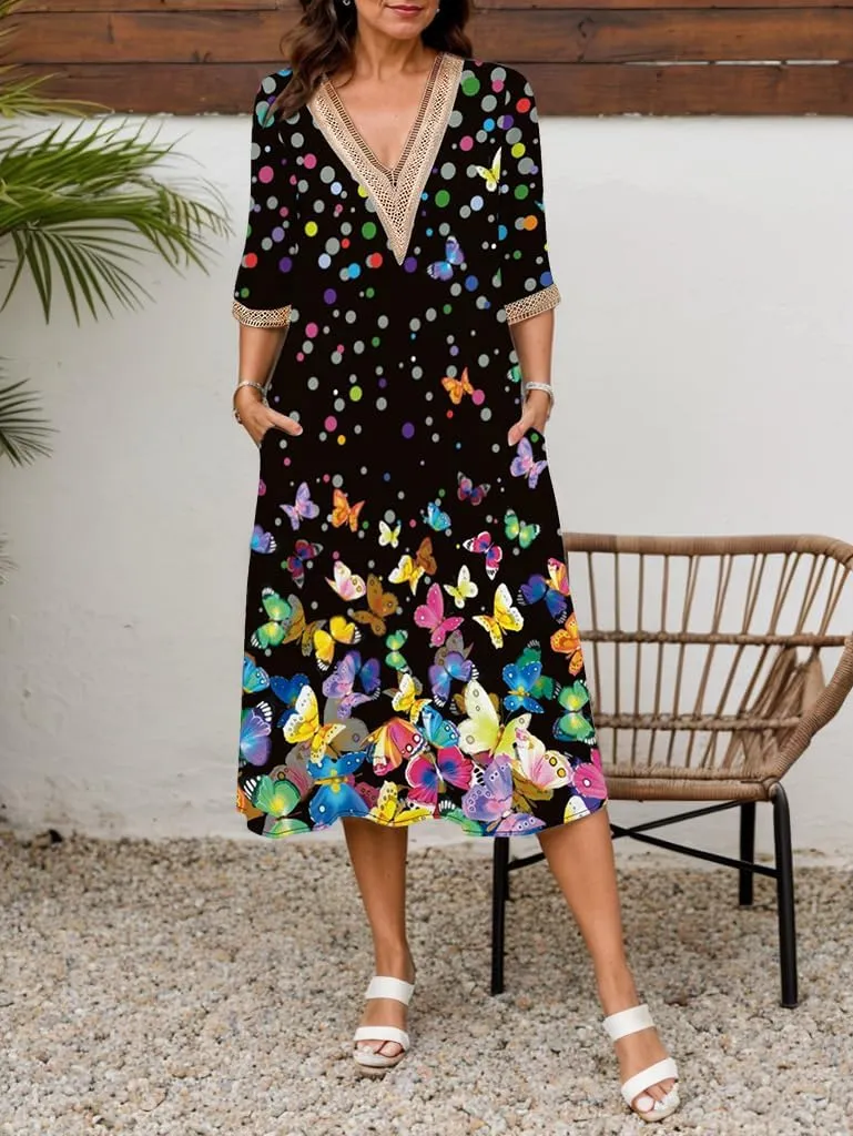 Boho Floral Print Midi Dress for Women Lace V Neck Short Sleeve Summer Casual A Line Dresses with Pockets