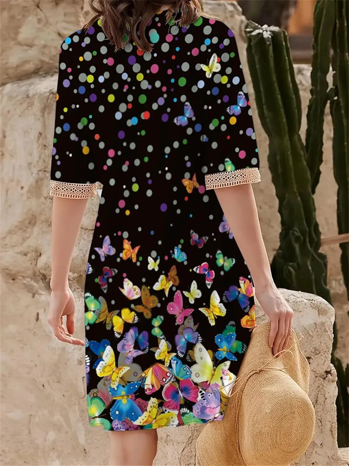 Boho Floral Print Midi Dress for Women Lace V Neck Short Sleeve Summer Casual A Line Dresses with Pockets