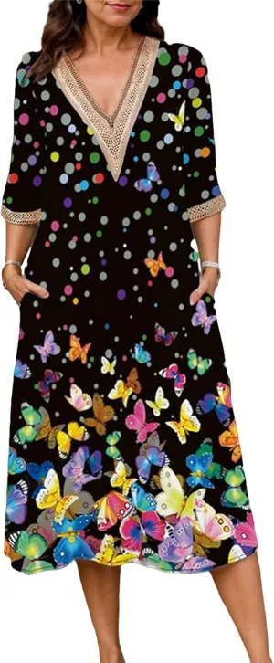 Boho Floral Print Midi Dress for Women Lace V Neck Short Sleeve Summer Casual A Line Dresses with Pockets