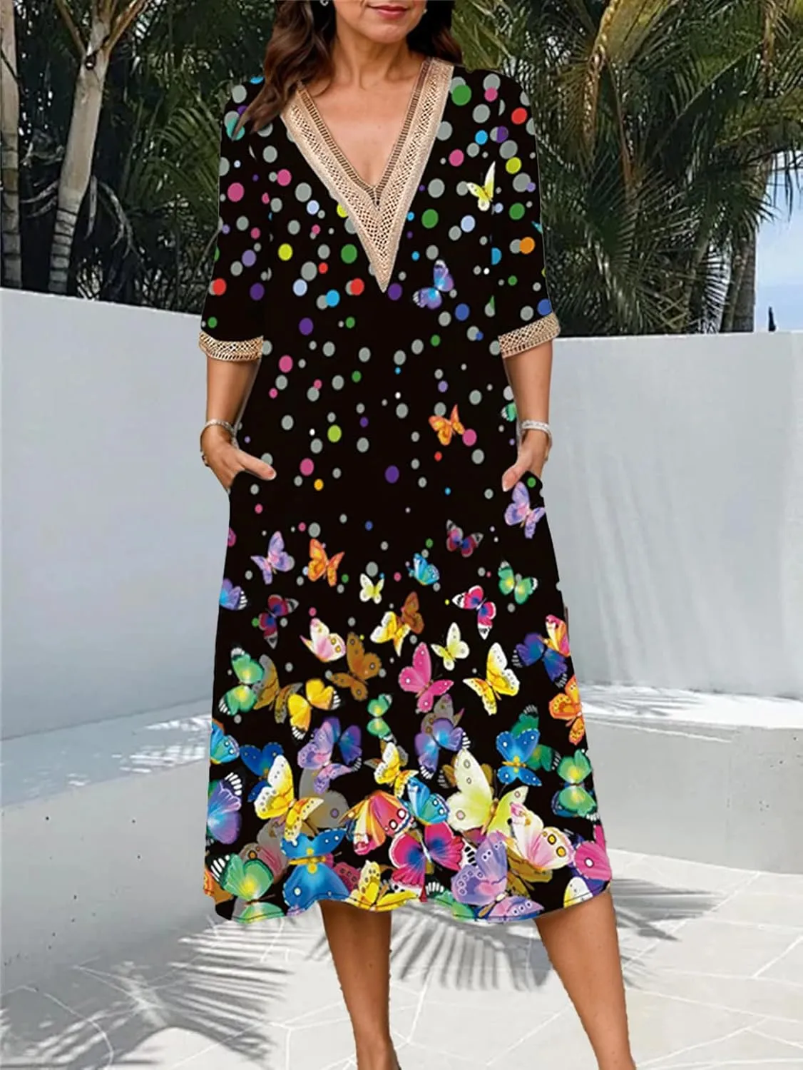 Boho Floral Print Midi Dress for Women Lace V Neck Short Sleeve Summer Casual A Line Dresses with Pockets