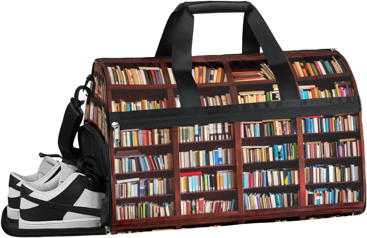 Bookshelf Sports Gym Bag with Wet Pocket & Shoes Compartment Waterproof Workout Duffel Bag for Women and Men Weekender Overnight Duffle Bag Travel Carry-on Tote