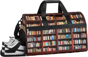 Bookshelf Sports Gym Bag with Wet Pocket & Shoes Compartment Waterproof Workout Duffel Bag for Women and Men Weekender Overnight Duffle Bag Travel Carry-on Tote