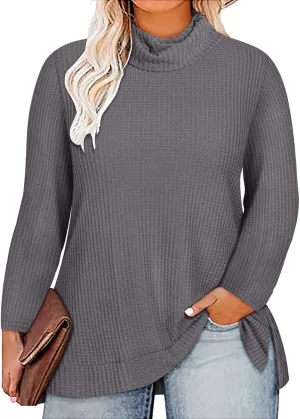 CARCOS Womens Plus Size Turtleneck Sweaters Long Sleeve Waffle Knit Tops Side Spilt Solid T-Shirts for Fall Winter