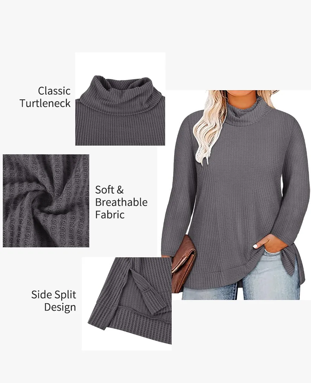 CARCOS Womens Plus Size Turtleneck Sweaters Long Sleeve Waffle Knit Tops Side Spilt Solid T-Shirts for Fall Winter
