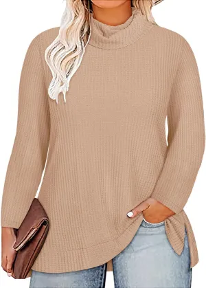 CARCOS Womens Plus Size Turtleneck Sweaters Long Sleeve Waffle Knit Tops Side Spilt Solid T-Shirts for Fall Winter