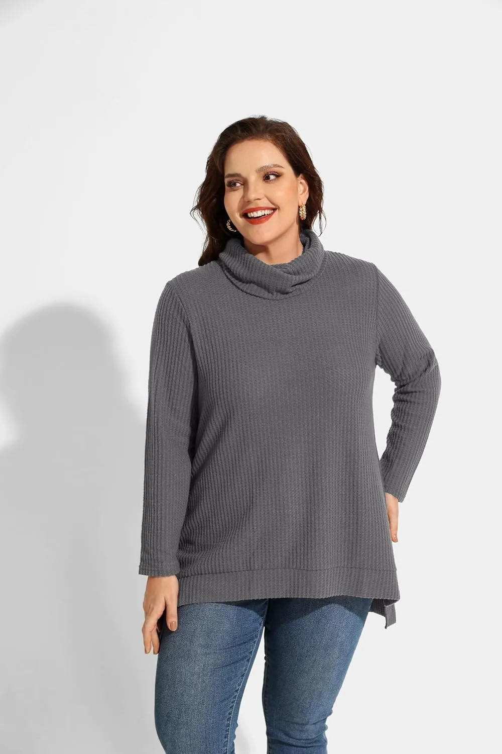 CARCOS Womens Plus Size Turtleneck Sweaters Long Sleeve Waffle Knit Tops Side Spilt Solid T-Shirts for Fall Winter