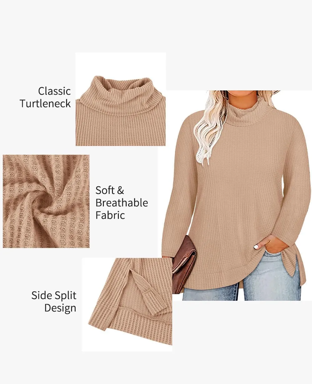 CARCOS Womens Plus Size Turtleneck Sweaters Long Sleeve Waffle Knit Tops Side Spilt Solid T-Shirts for Fall Winter