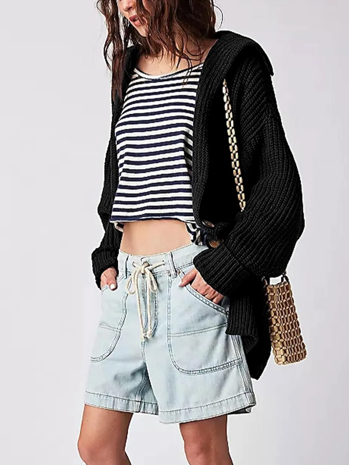 Cardigan Sweaters for Women Sailor Collar Long Sleeve Button Oversized Chunky Knit Trendy Slouchy Coat
