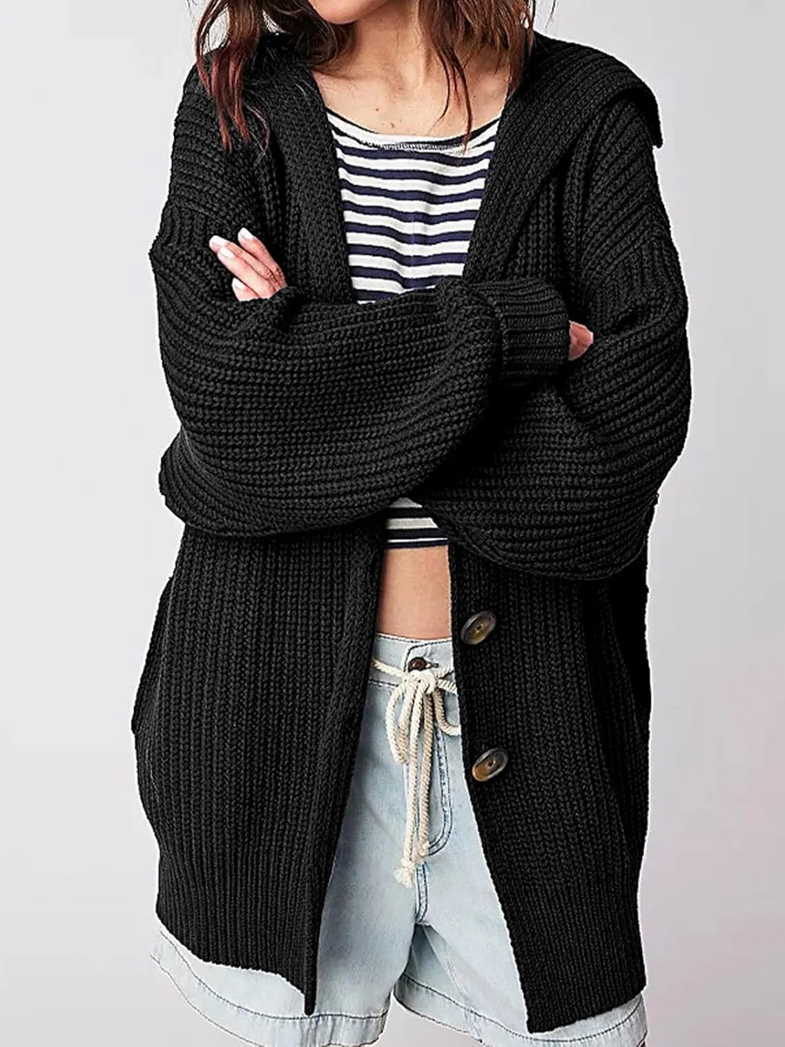 Cardigan Sweaters for Women Sailor Collar Long Sleeve Button Oversized Chunky Knit Trendy Slouchy Coat