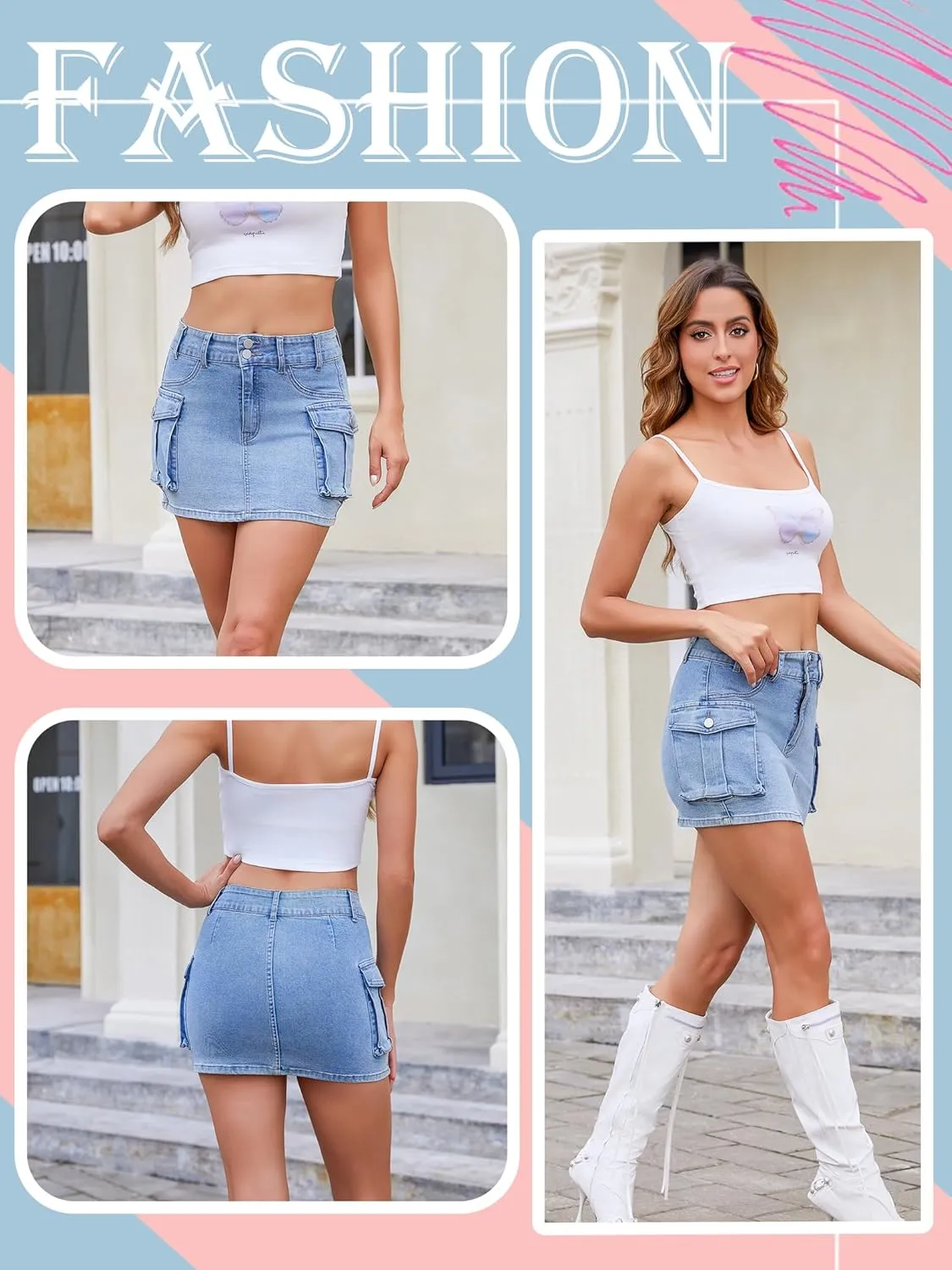 Cargo Skirt Women Mini Skirt Button Skirts for Women Denim Skirt with Low Waist Pocket Jean Skirt