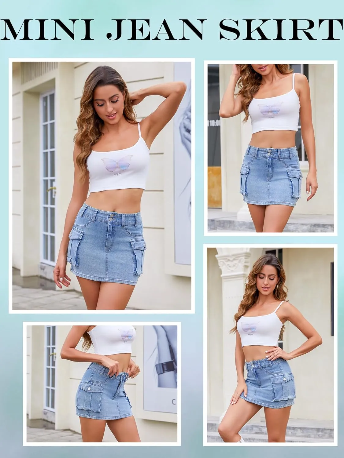 Cargo Skirt Women Mini Skirt Button Skirts for Women Denim Skirt with Low Waist Pocket Jean Skirt