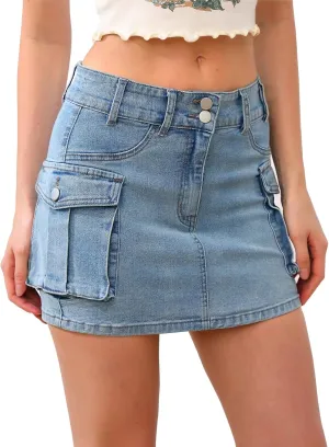 Cargo Skirt Women Mini Skirt Button Skirts for Women Denim Skirt with Low Waist Pocket Jean Skirt