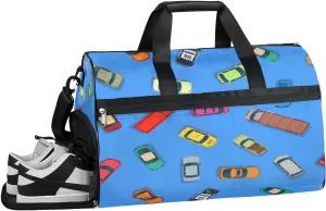 Cartoon Pattern Cars Sports Gym Bag with Wet Pocket & Shoes Compartment Waterproof Workout Duffel Bag for Women and Men Weekender Overnight Duffle Bag Travel Carry-on Tote