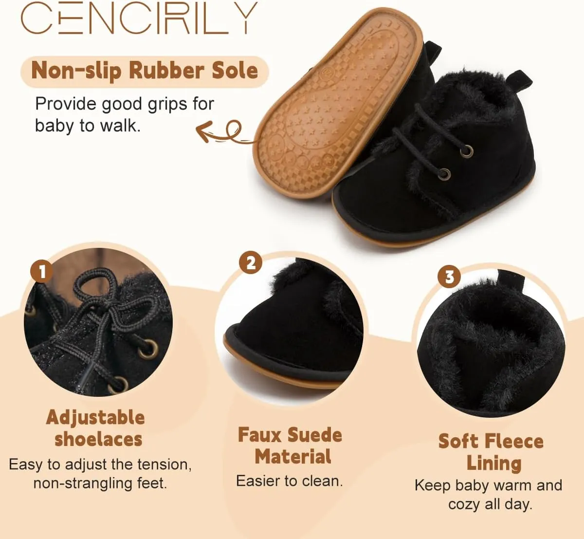 CENCIRILY Baby Booties Newborn Girl Boy shoes Infant Fleece Cozy Fur Lining Winter Warm Ankle Boots Rubber Sole Anti-Slip Prewalker Boots