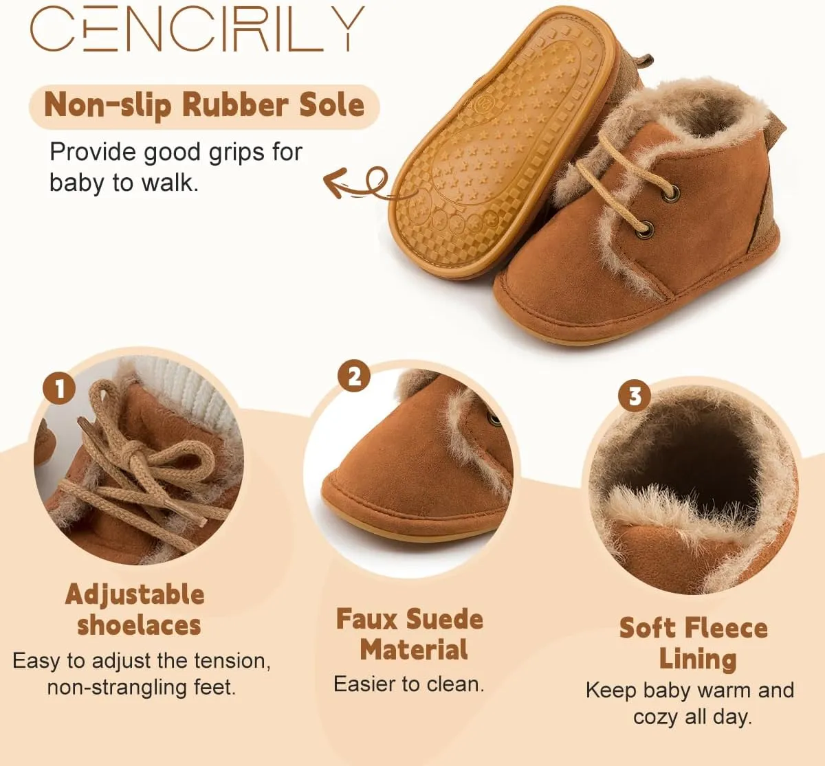 CENCIRILY Baby Booties Newborn Girl Boy shoes Infant Fleece Cozy Fur Lining Winter Warm Ankle Boots Rubber Sole Anti-Slip Prewalker Boots