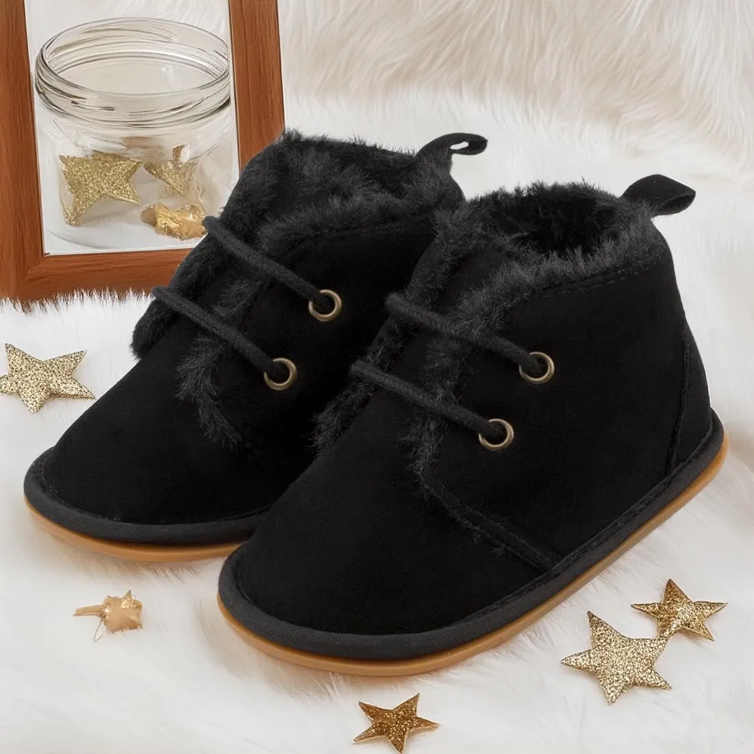 CENCIRILY Baby Booties Newborn Girl Boy shoes Infant Fleece Cozy Fur Lining Winter Warm Ankle Boots Rubber Sole Anti-Slip Prewalker Boots