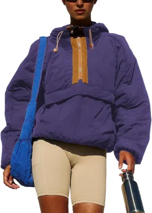 CHARTOU Women's Warm Puffer Cropped Hooded Sweatshirt Oversized Zip Up Hoodies Cargo Padded Coat Outwears