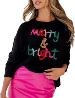 Christmas Sequin Sweatshirts for Women Merry and Bright Letters Pullovers Xmas Long Sleeve Colorful Sweatshirt Tops