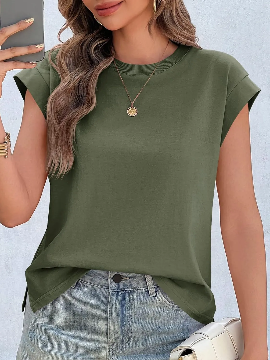 Cicy Bell Womens Cap Sleeve Cotton Tank Tops Summer Casual Loose Fit T Shirts Crew Neck Basic Tee