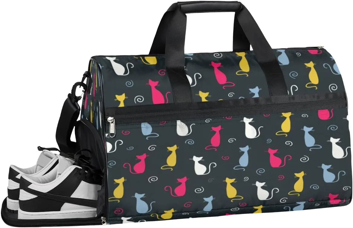 Colorful Cute Cats Sports Gym Bag with Wet Pocket & Shoes Compartment Waterproof Workout Duffel Bag for Women and Men Weekender Overnight Duffle Bag Travel Carry-on Tote
