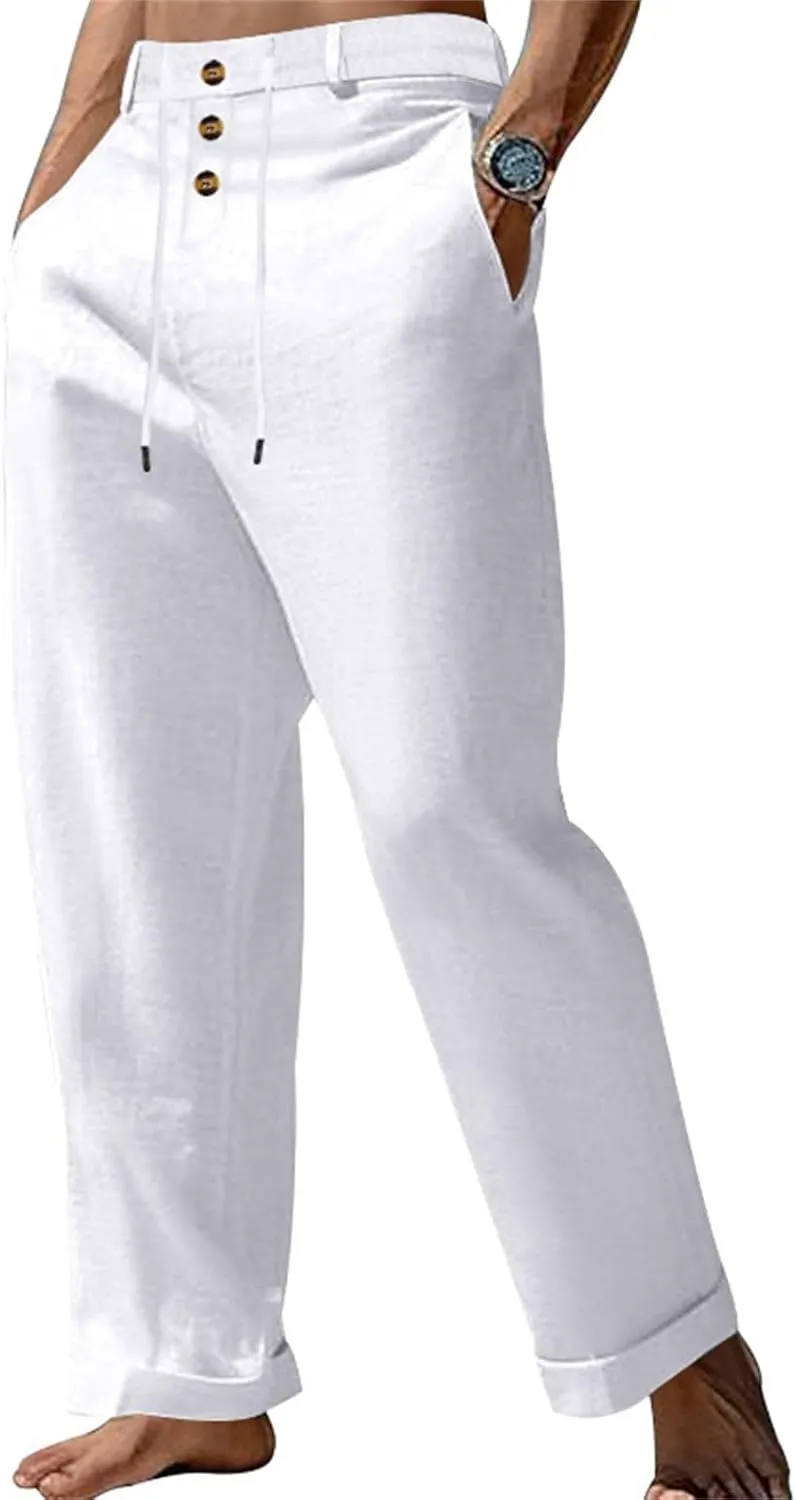 Comfy Pants for Men Cotton Linen Loose Baggy Yoga Trousers Summer Beach Gym Pants