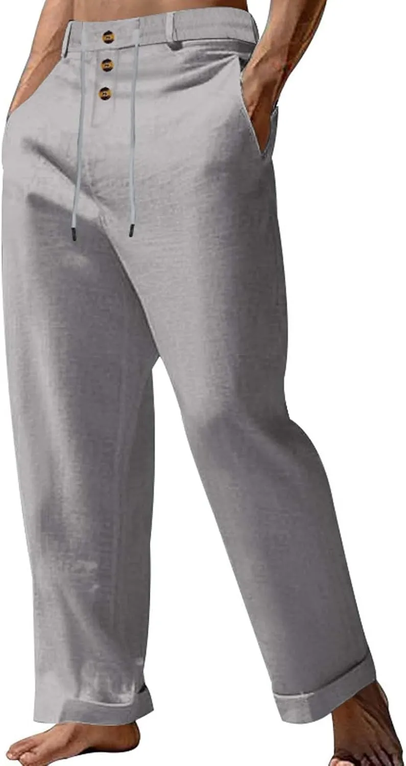 Comfy Pants for Men Cotton Linen Loose Baggy Yoga Trousers Summer Beach Gym Pants
