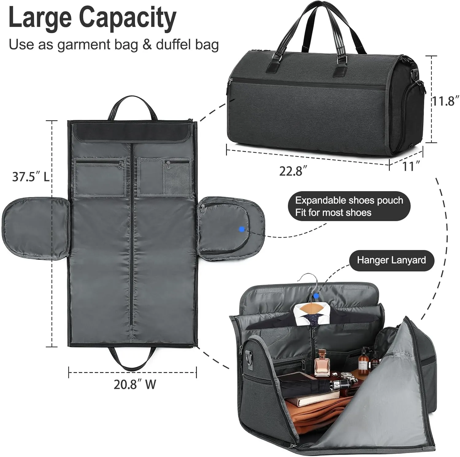 Convertible Garment Bag with Shoulder Strap, Carry on Duffel Bag Waterproof Garment for Men Women - 2 in 1 Hanging Suitcase Suit Travel Bags with Shoe Pocket