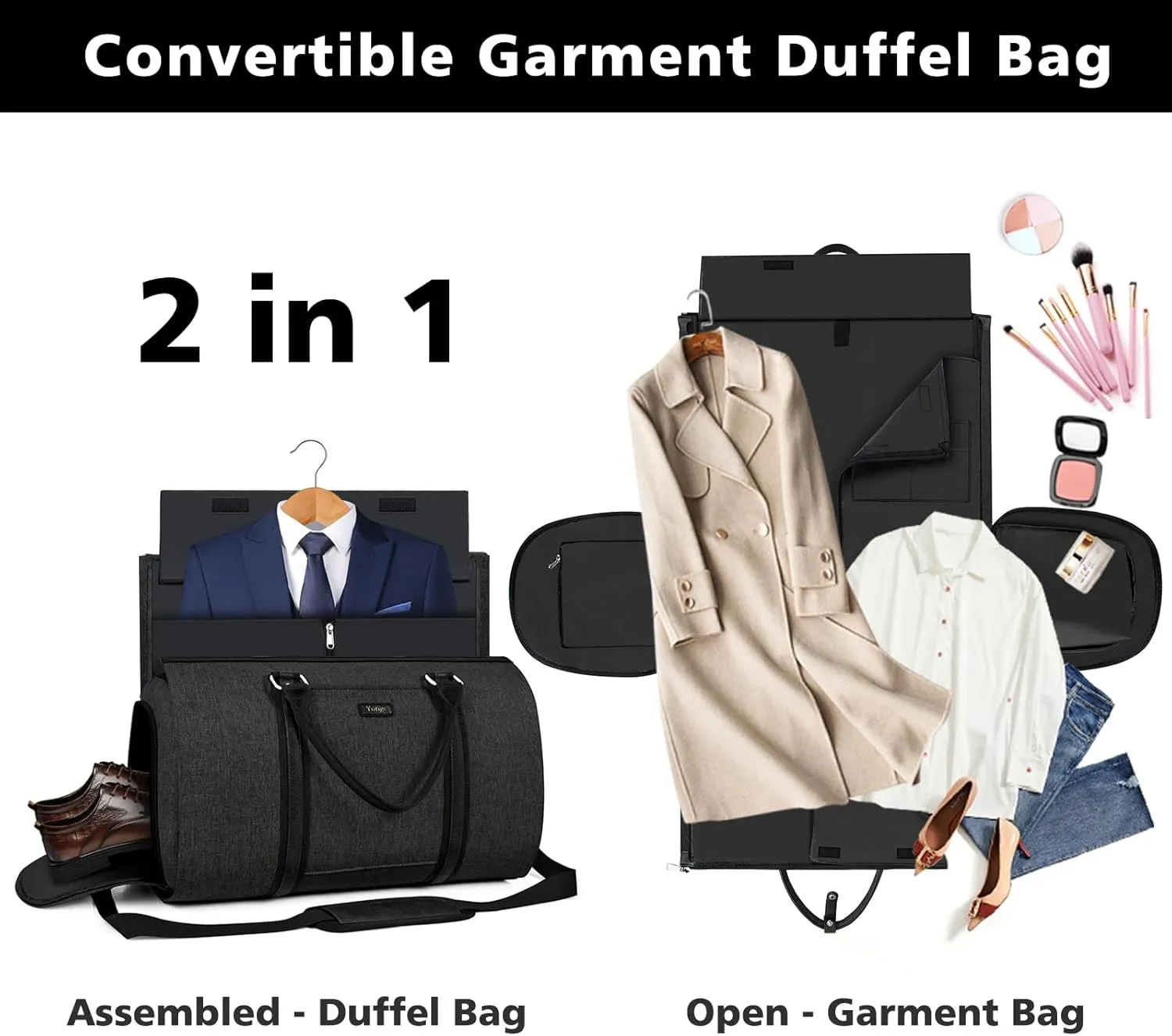 Convertible Garment Duffle Bags for Travel - Carry on Garment Bag for Men Women Large Travel Duffel Bag with Crossbody Bag 4pcs Set, 2 in 1 Hanging Suit Dress Clothes Travel Bag