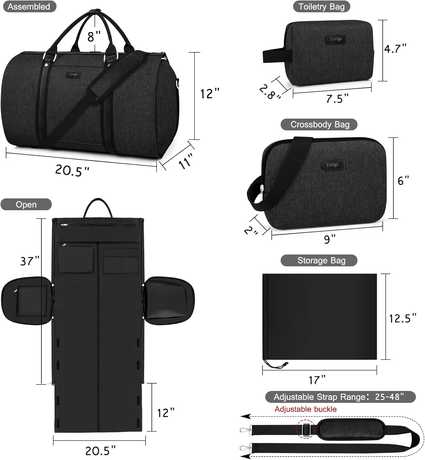 Convertible Garment Duffle Bags for Travel - Carry on Garment Bag for Men Women Large Travel Duffel Bag with Crossbody Bag 4pcs Set, 2 in 1 Hanging Suit Dress Clothes Travel Bag