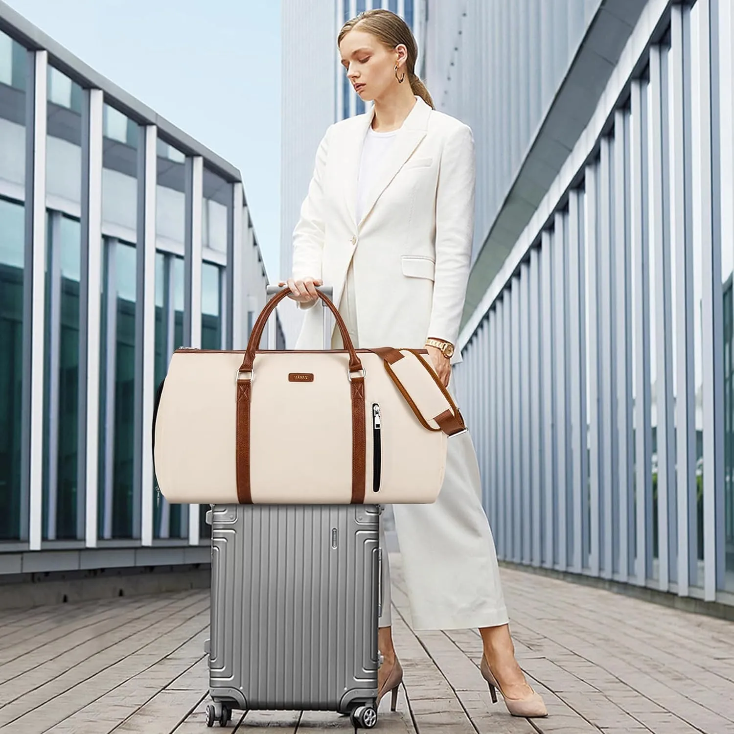 Convertible Garment Duffle Bags for Travel - Carry On Garment Bags With Toiletry Bag, Large Weekender Bags for Women Men 2 in 1 Hanging Suitcase Suit Travel Duffel (Off White)