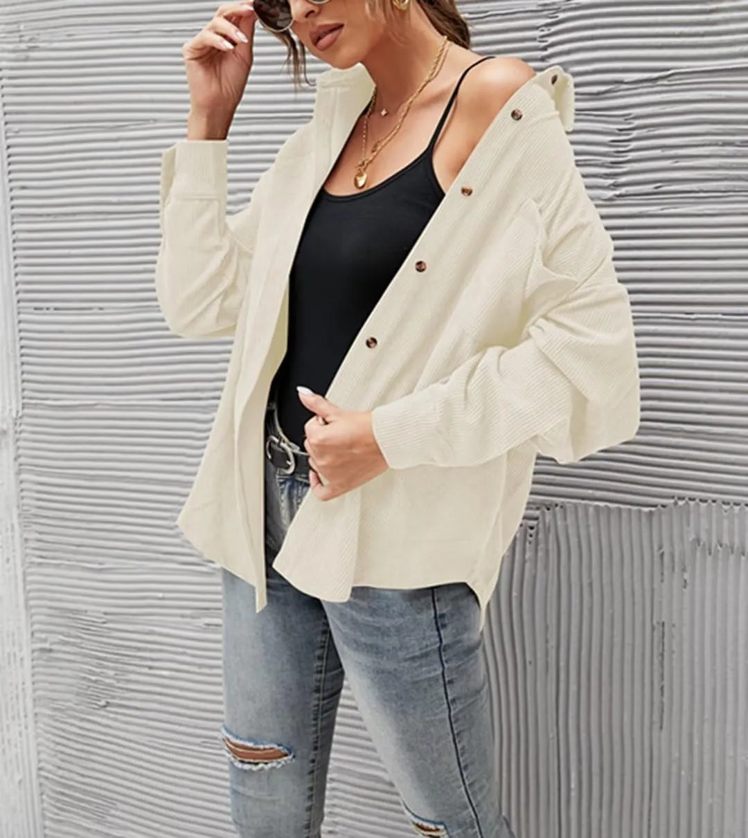 Corduroy Button Down Shirts for Women Boyfriend Long Sleeve Pocket Oversized Blouses Tops