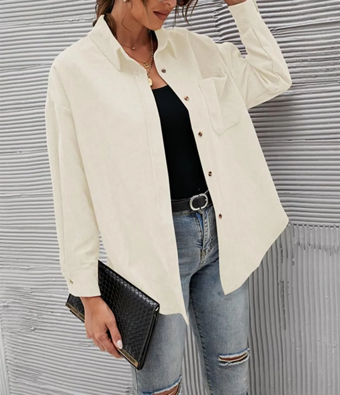 Corduroy Button Down Shirts for Women Boyfriend Long Sleeve Pocket Oversized Blouses Tops