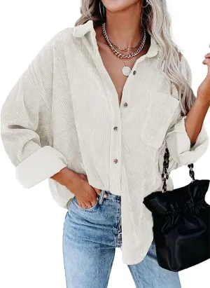 Corduroy Button Down Shirts for Women Boyfriend Long Sleeve Pocket Oversized Blouses Tops